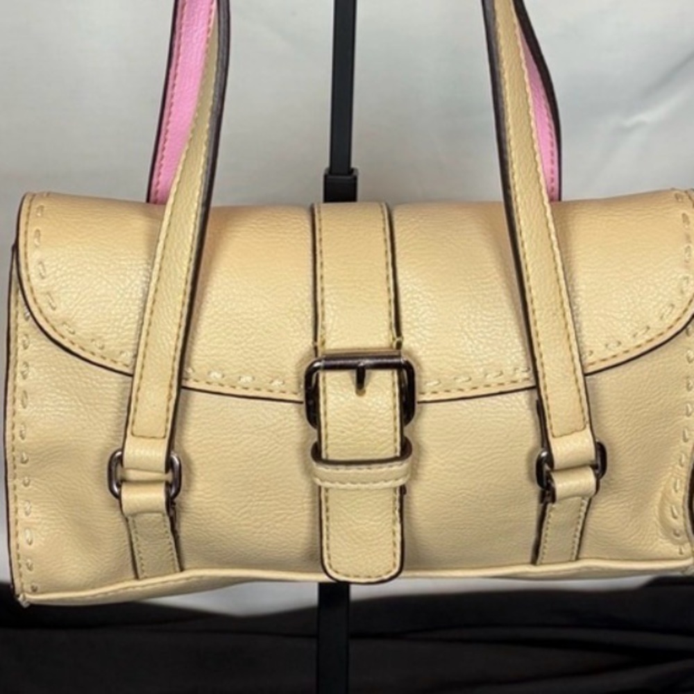 Liz Claiborne Mini Shoulder Bag Cream Beige Pink Interior Buckle Flap